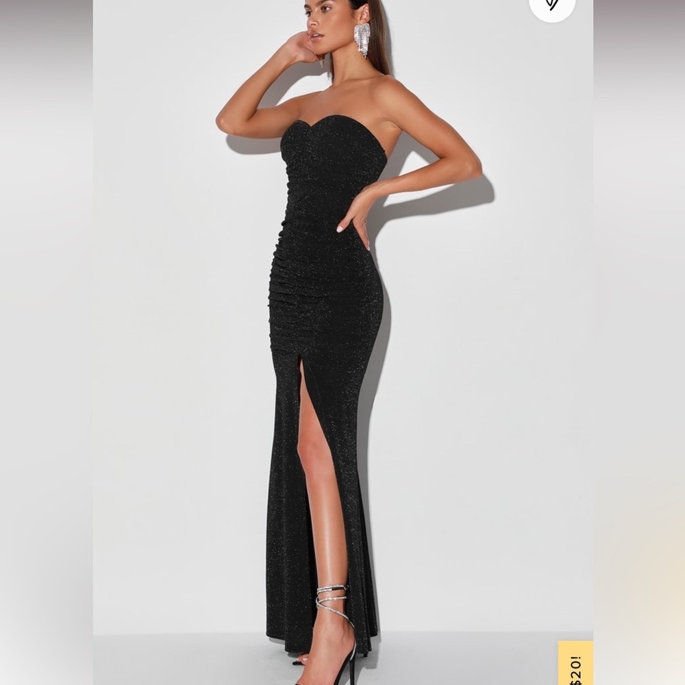 Lulus strapless evening dress; black glitter